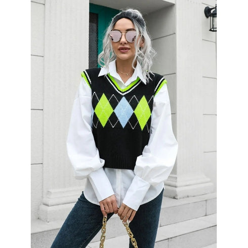 'Leocadia' Diamond Print Sleeveless Knit Sweater - Celes Fashion